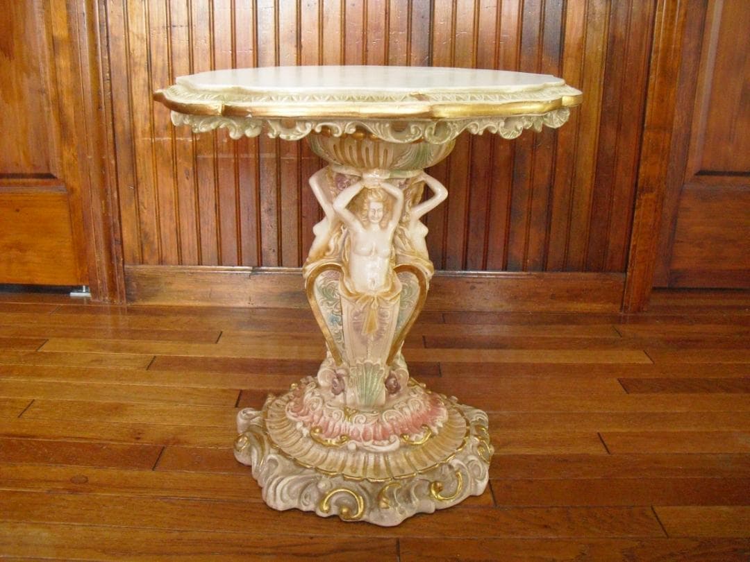 イタリア製 優雅なロココ様式サイドテーブル☆女神金彩クラック塗装オブジェ置物