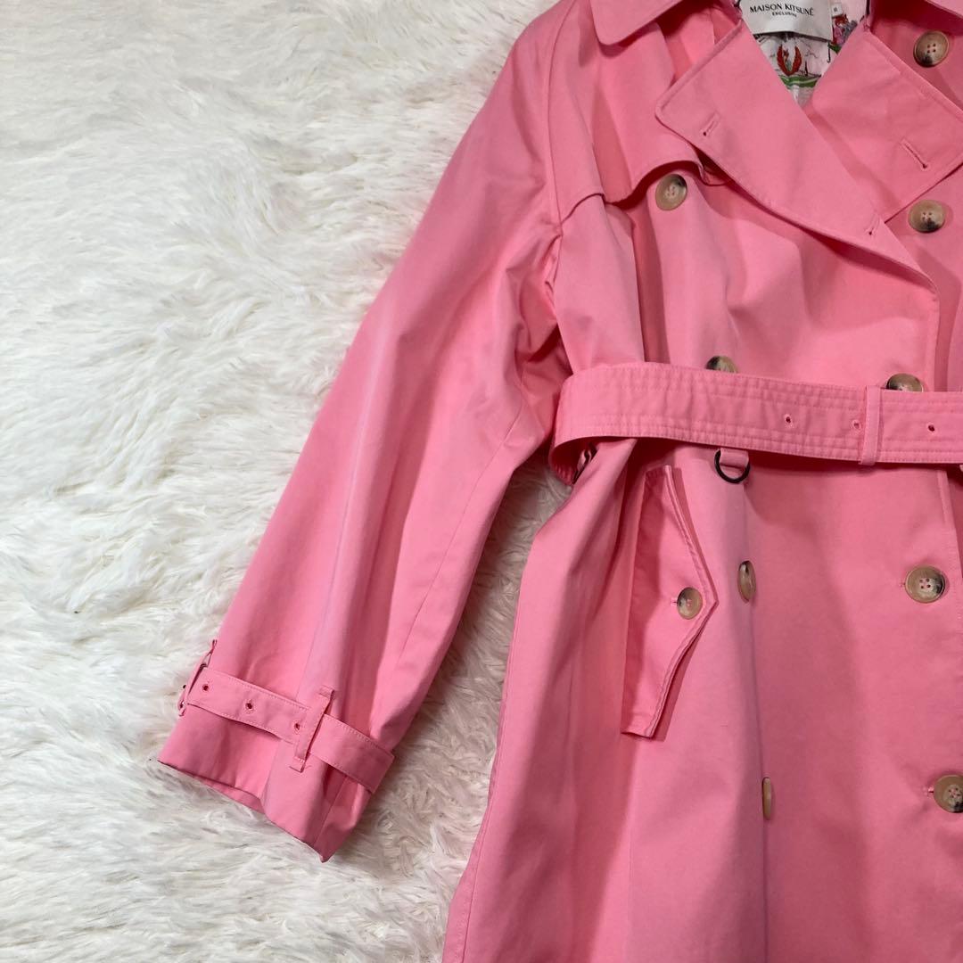 メゾンキツネ トレンチコート ロング ベルト付き 裏地キツネ柄 ピンク