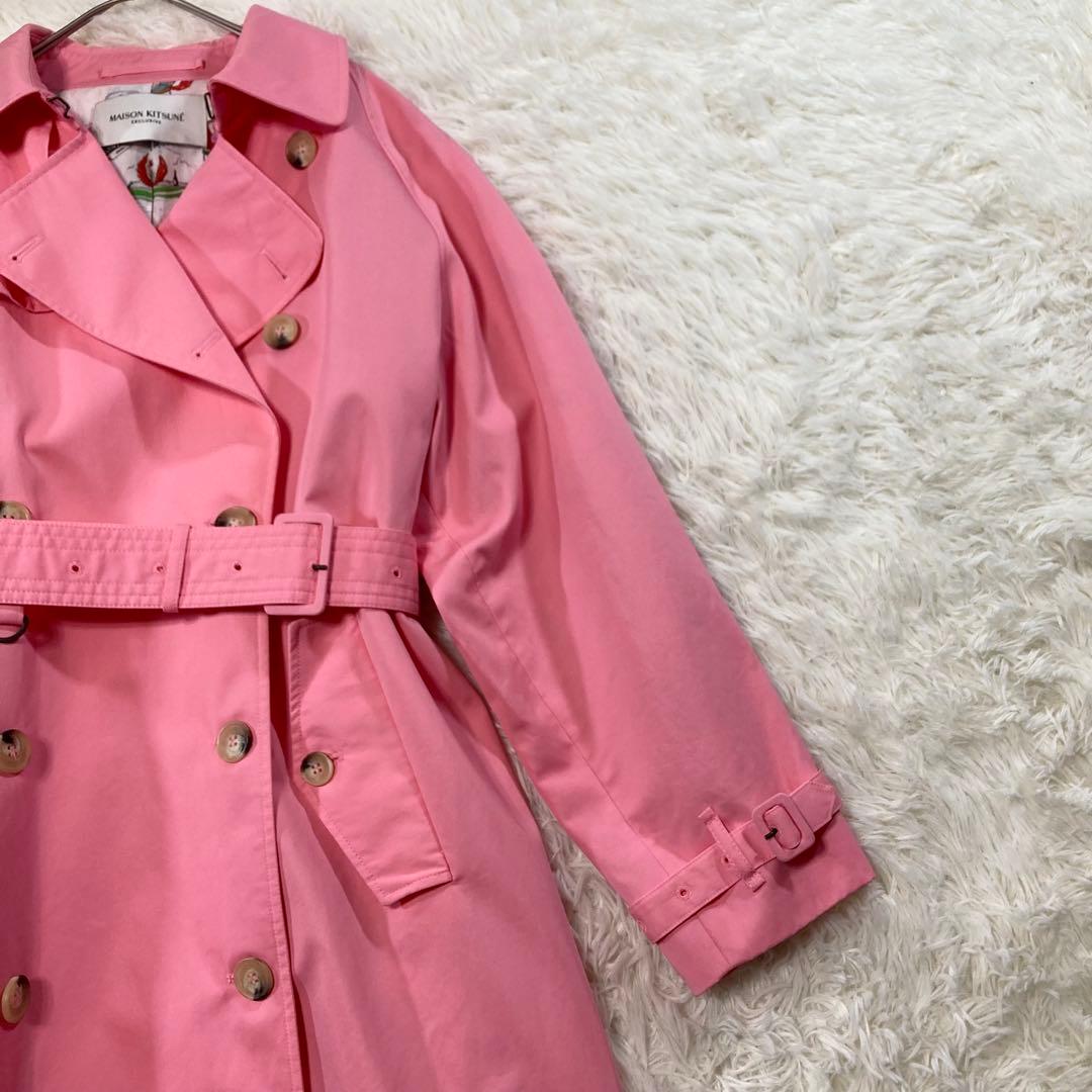 メゾンキツネ トレンチコート ロング ベルト付き 裏地キツネ柄 ピンク