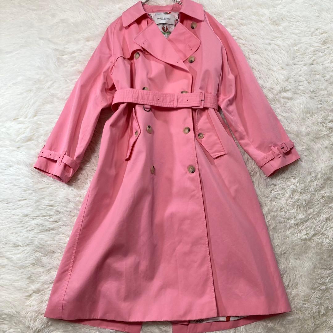 メゾンキツネ トレンチコート ロング ベルト付き 裏地キツネ柄 ピンク