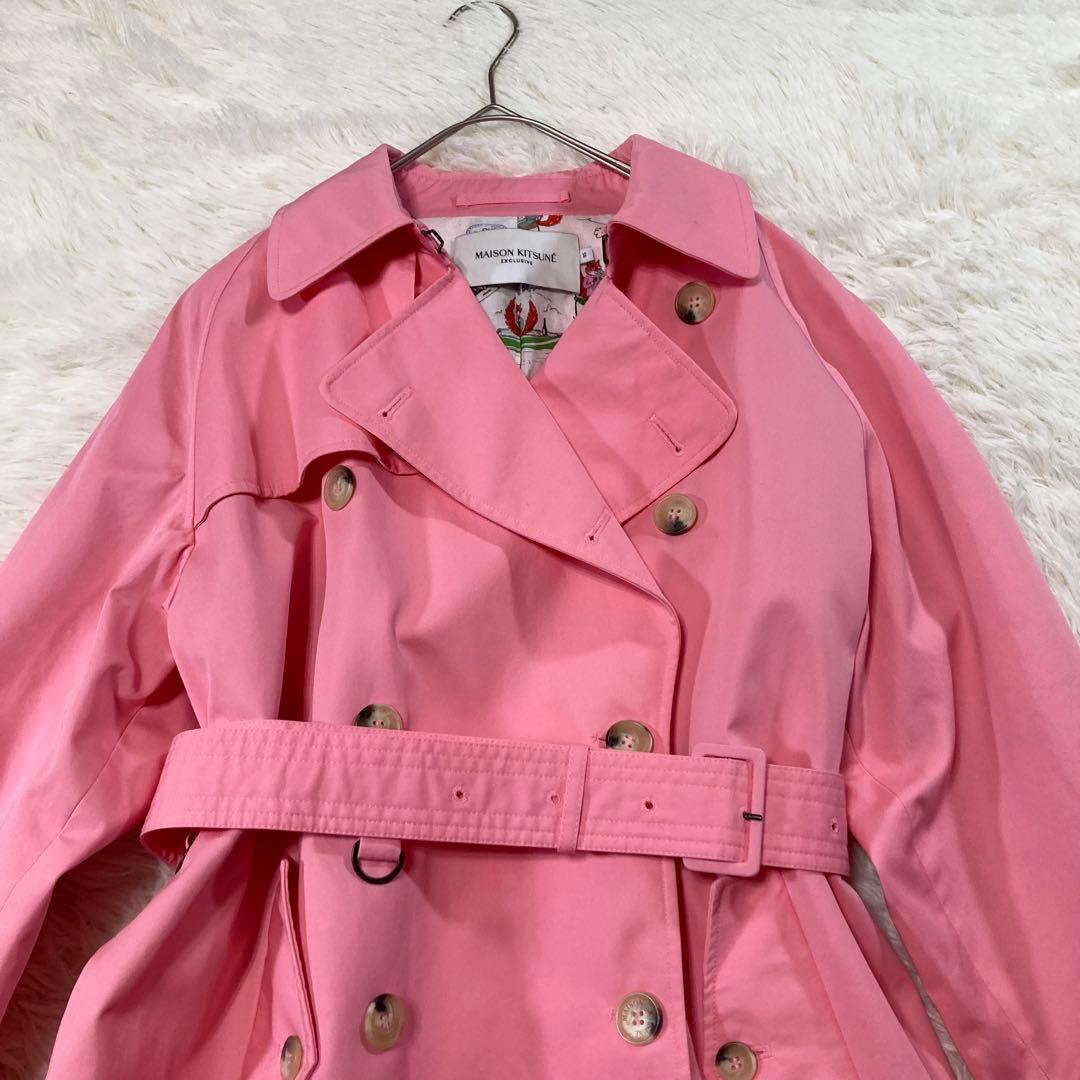 メゾンキツネ トレンチコート ロング ベルト付き 裏地キツネ柄 ピンク