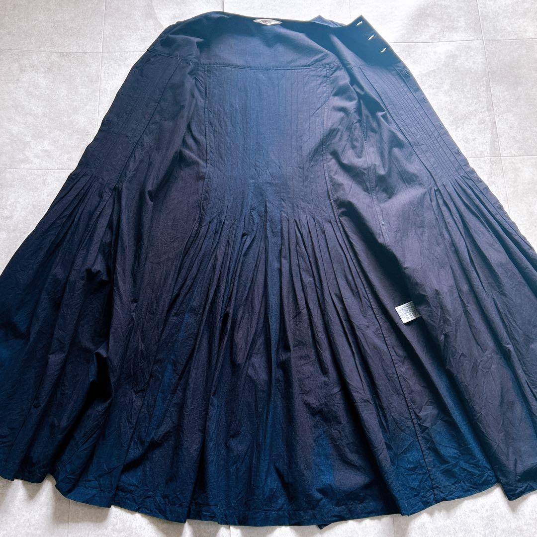 美品✨45R ロングワンピース インディゴ ベルト フレア ピンタック R刺繍