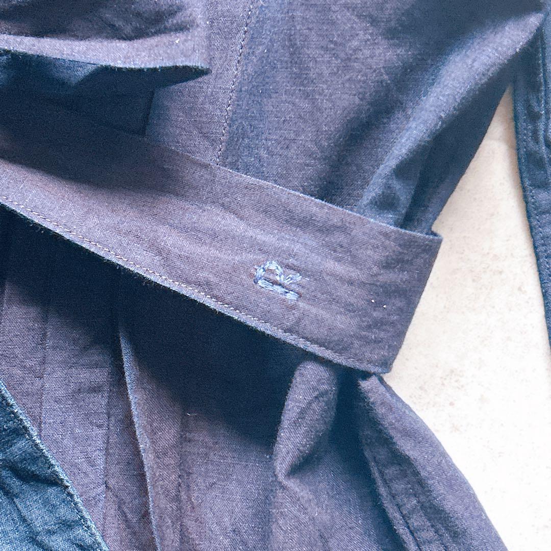 美品✨45R ロングワンピース インディゴ ベルト フレア ピンタック R刺繍