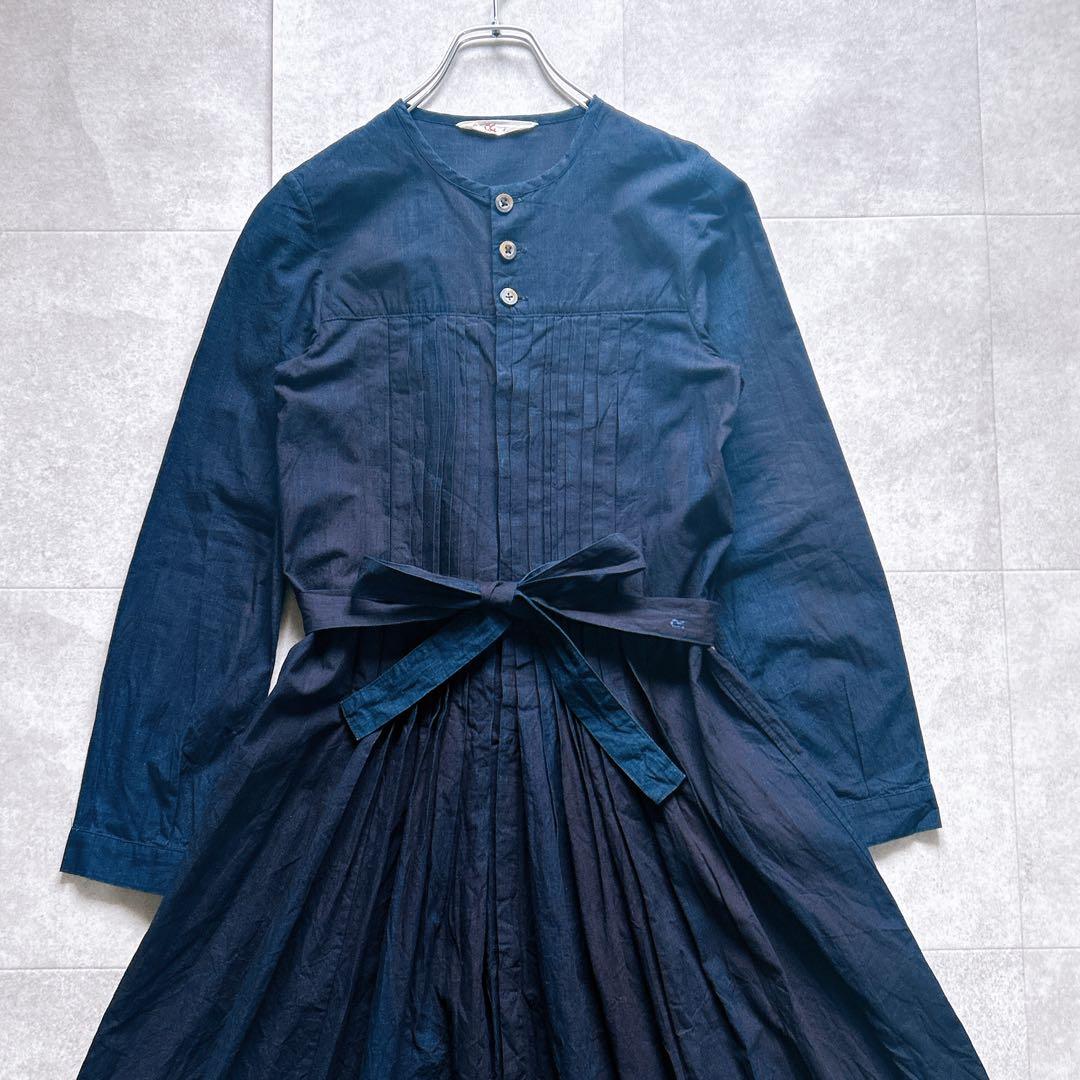 美品✨45R ロングワンピース インディゴ ベルト フレア ピンタック R刺繍