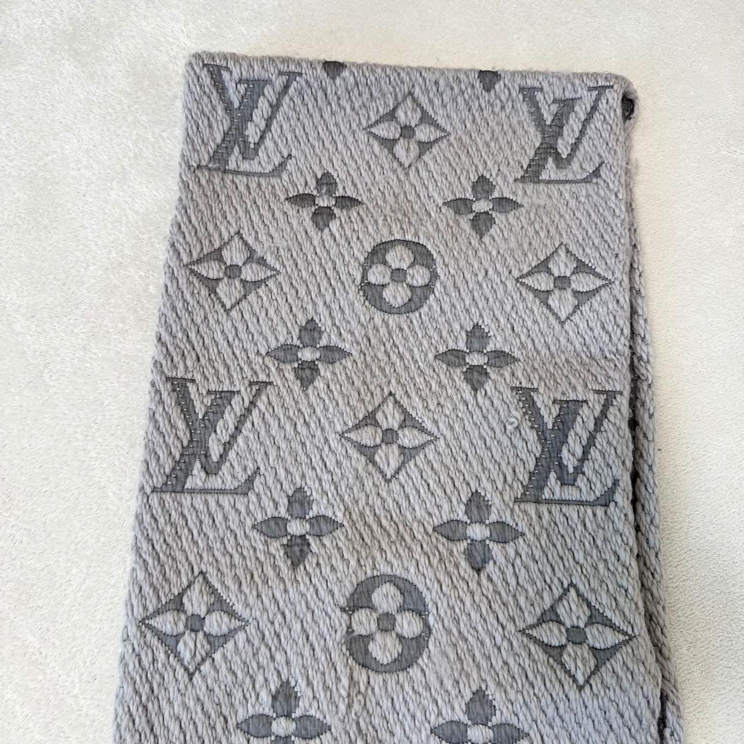 LOUIS VUITTON マフラー　モノグラム　厚手　グレー　ウール　シルク