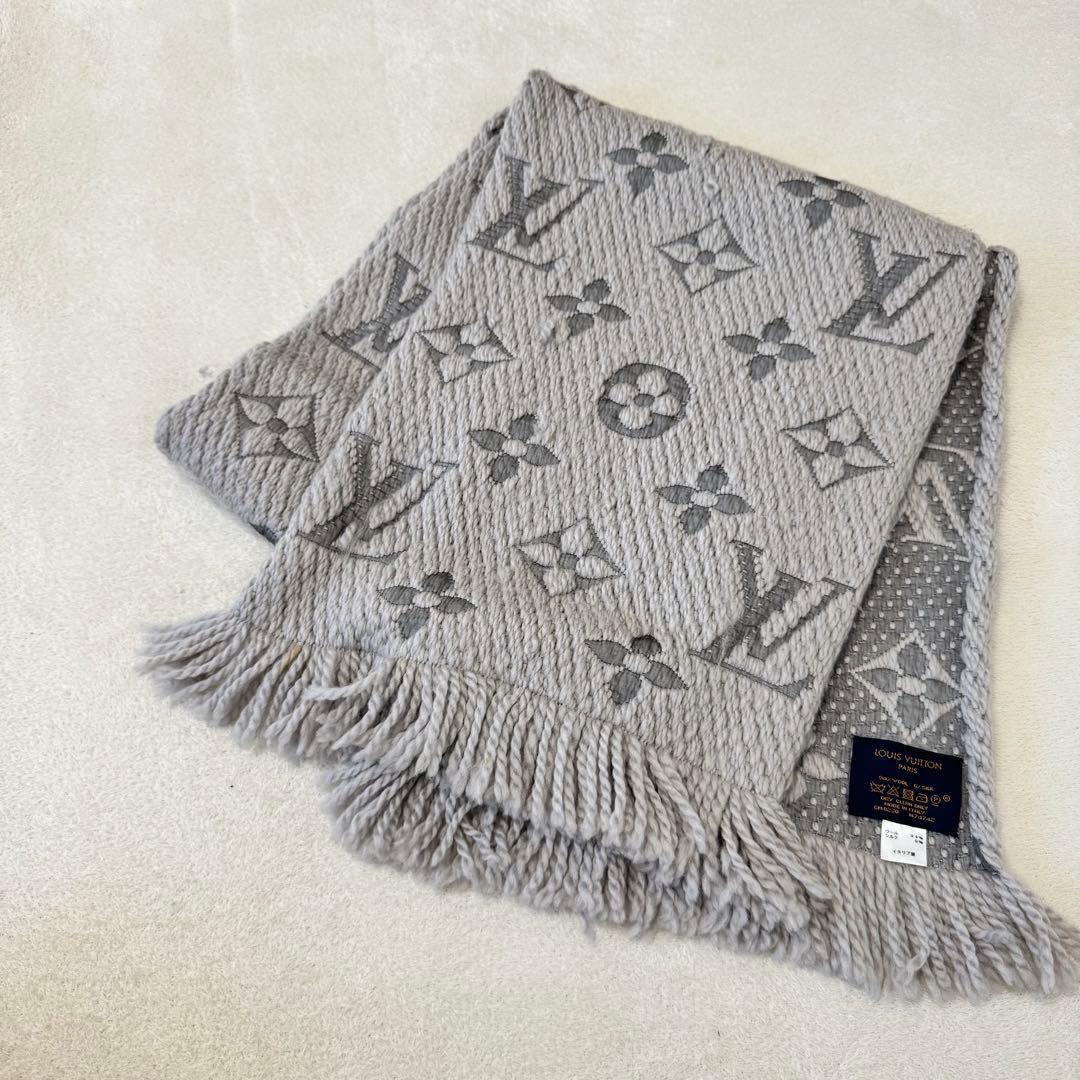 LOUIS VUITTON マフラー　モノグラム　厚手　グレー　ウール　シルク