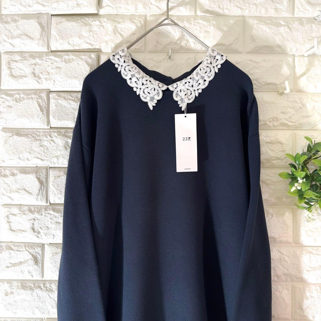 新品 23区エンブロイダリーワンピース44サイズ 23区レース襟ワンピース 現行