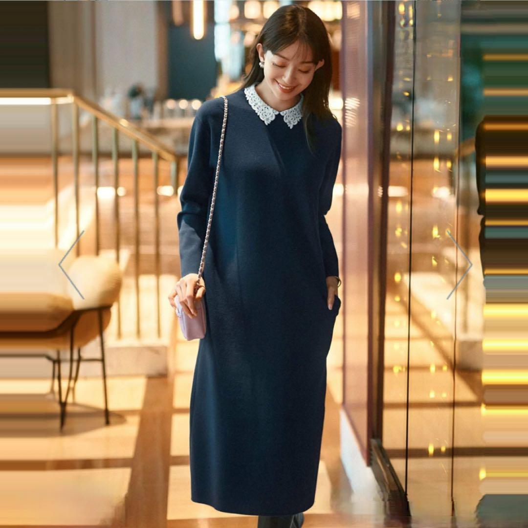 新品 23区エンブロイダリーワンピース44サイズ 23区レース襟ワンピース 現行