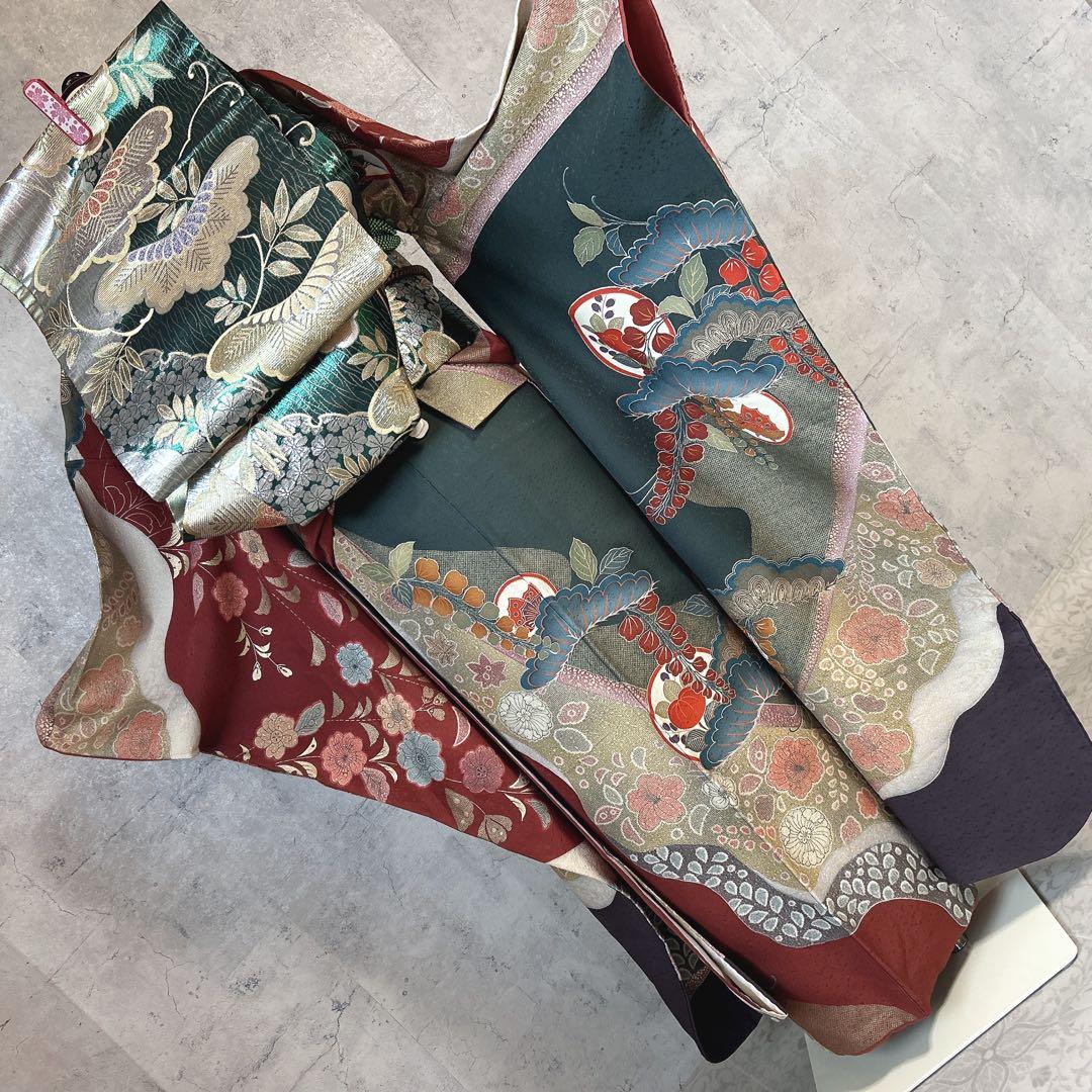 振袖　フルセット　豪華　華やか　成人式　正絹　アースカラー　くすみカラー
