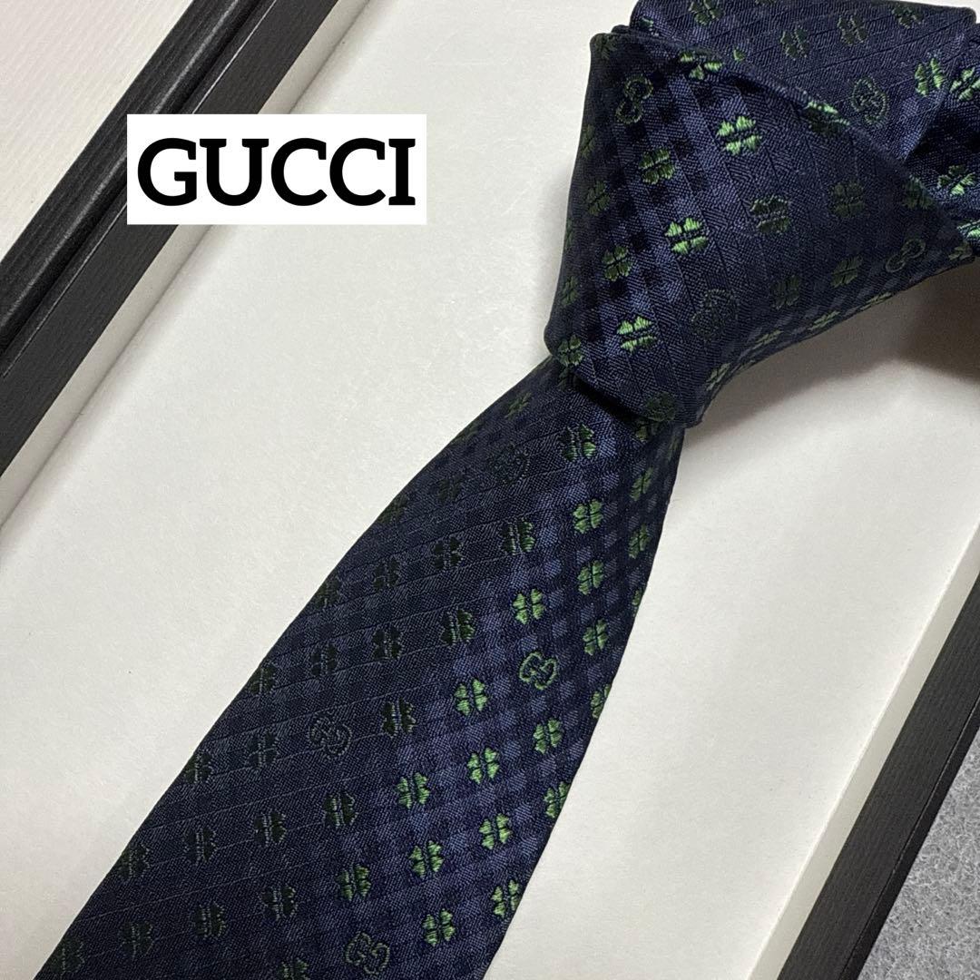 極美品　グッチ　ネクタイ　紺・緑　GG柄　四葉クローバー　シルクジャガード