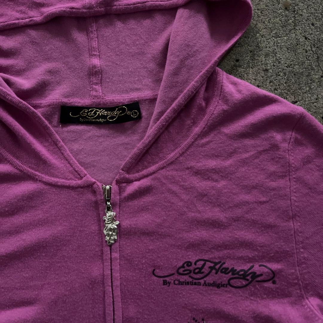 エドハーディー　ジップパーカー　 ピンク　刺繍　y2k 平成ギャルラインストーン