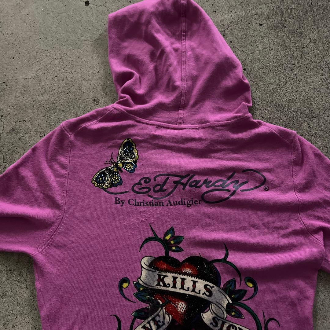 エドハーディー　ジップパーカー　 ピンク　刺繍　y2k 平成ギャルラインストーン