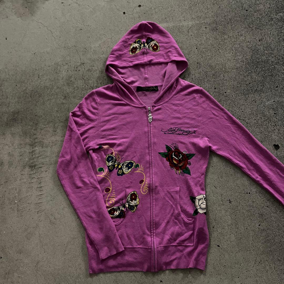 エドハーディー　ジップパーカー　 ピンク　刺繍　y2k 平成ギャルラインストーン