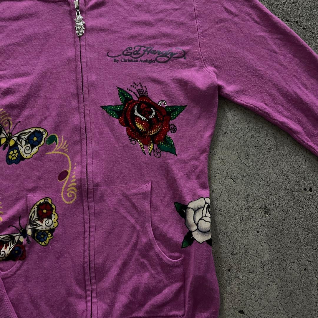 エドハーディー　ジップパーカー　 ピンク　刺繍　y2k 平成ギャルラインストーン