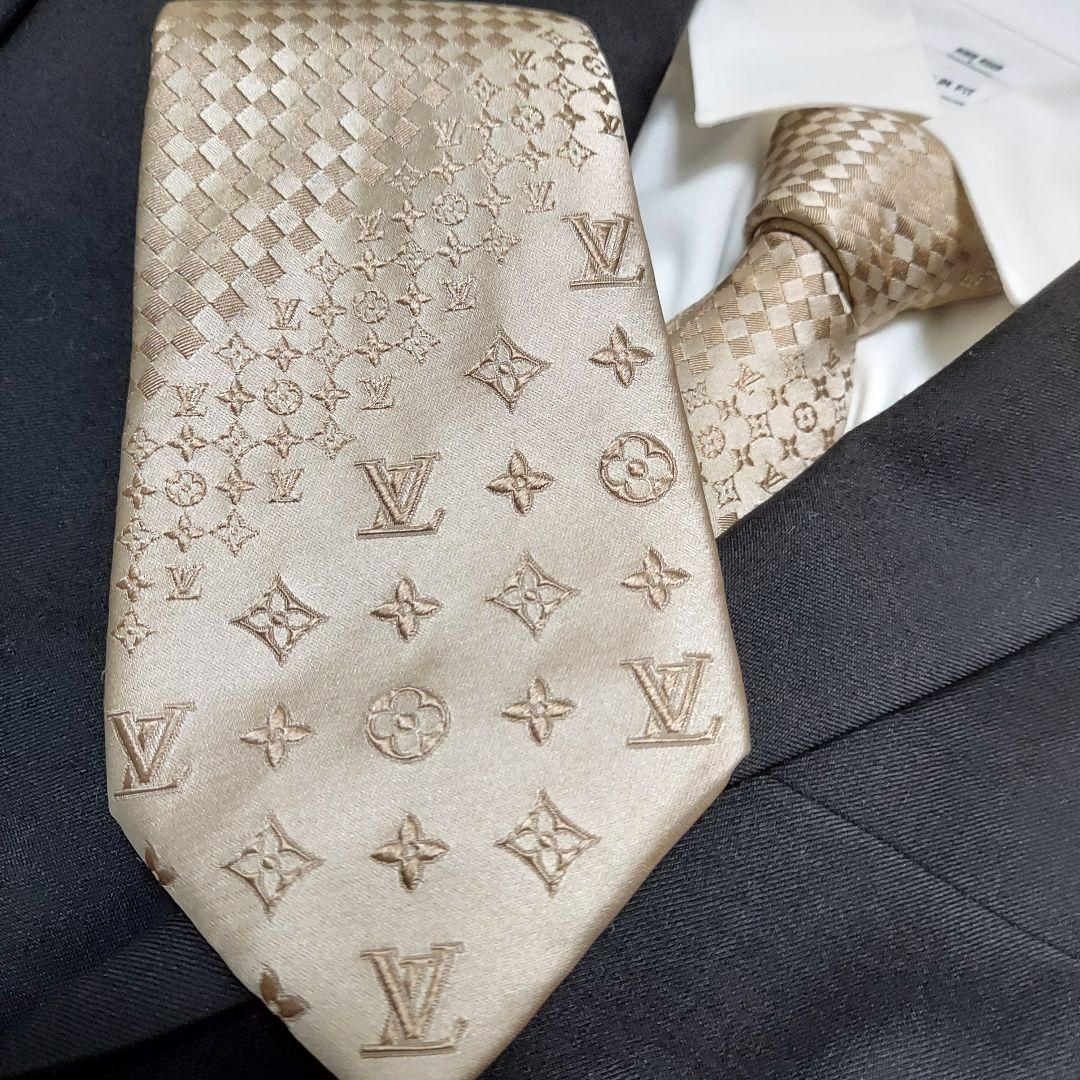 良品✨ヴィトン ゴールド ミックスモノグラム マイクロダミエ ネクタイ