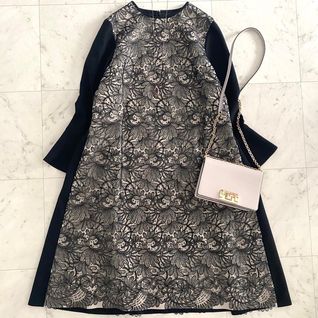 美品 アドーア ADORE ファインコードレース切り替えワンピース 38