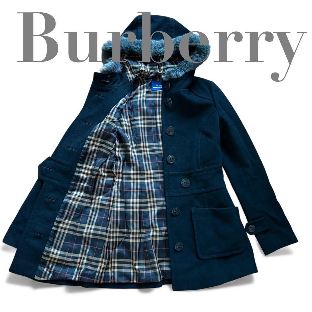 美品 バーバリーブルーレーベル アンゴラ ラビットファー コート ノバチェック