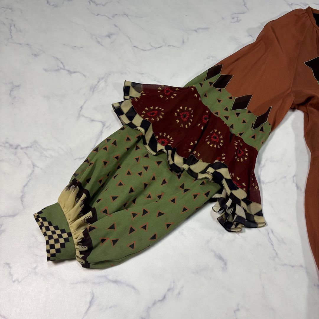 ETRO シルク シワ加工 ロングワンピース パフ×フリル袖 アシンメトリー42