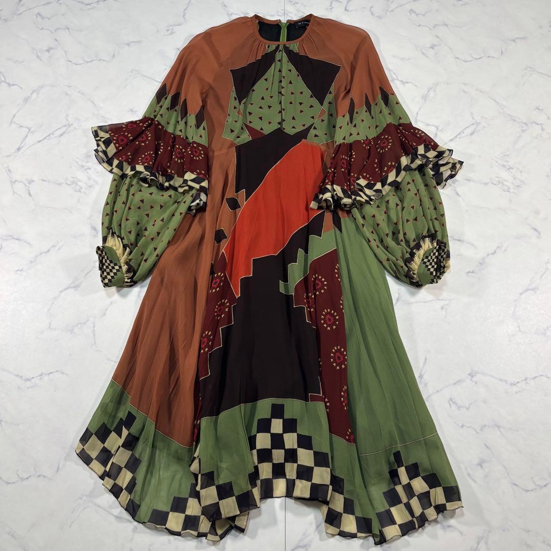 ETRO シルク シワ加工 ロングワンピース パフ×フリル袖 アシンメトリー42