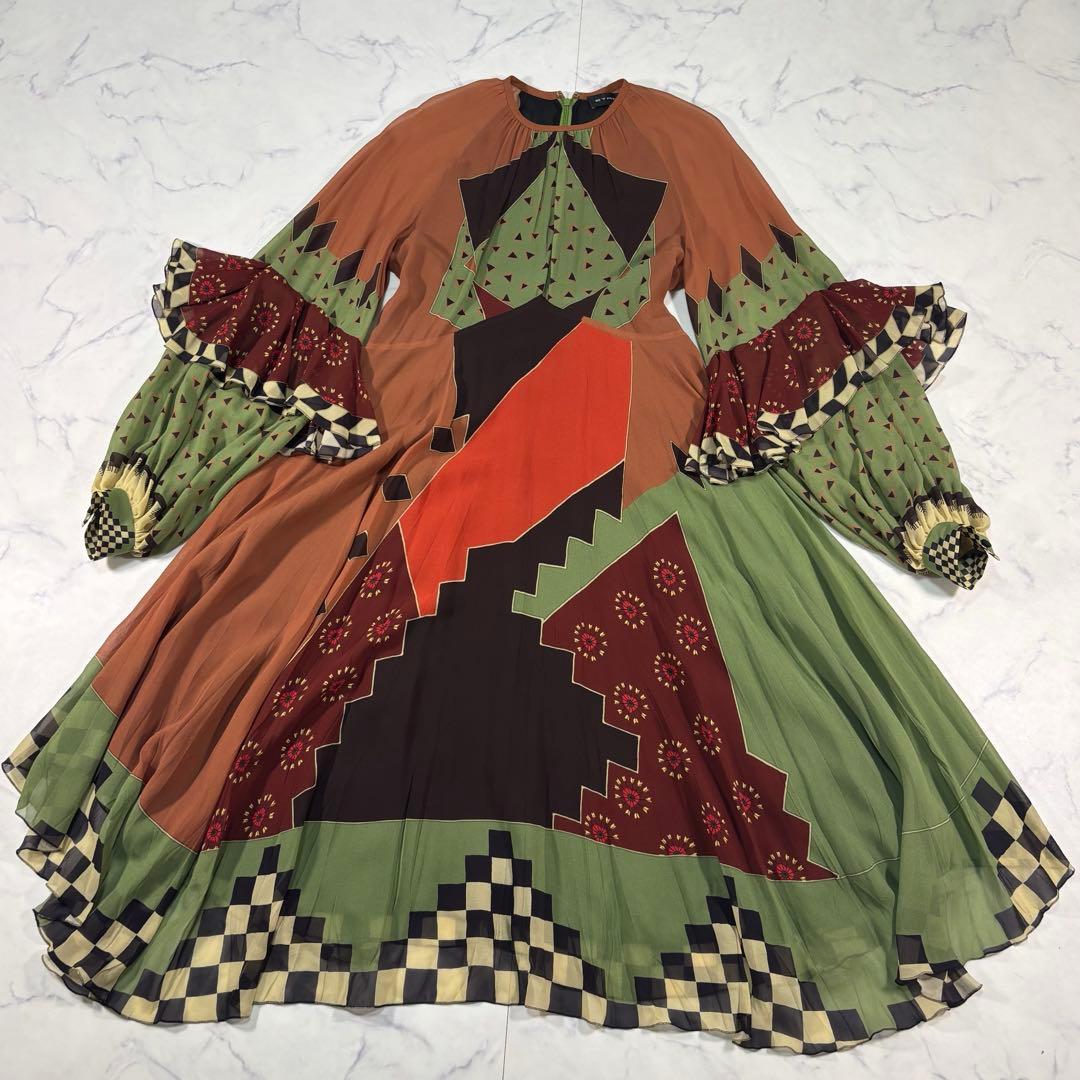 ETRO シルク シワ加工 ロングワンピース パフ×フリル袖 アシンメトリー42