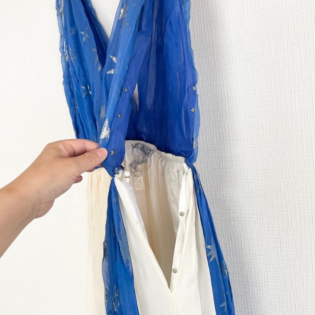 ジバンシー シフォン ロングワンピース【38】M相当 白 青 エスニック 古着