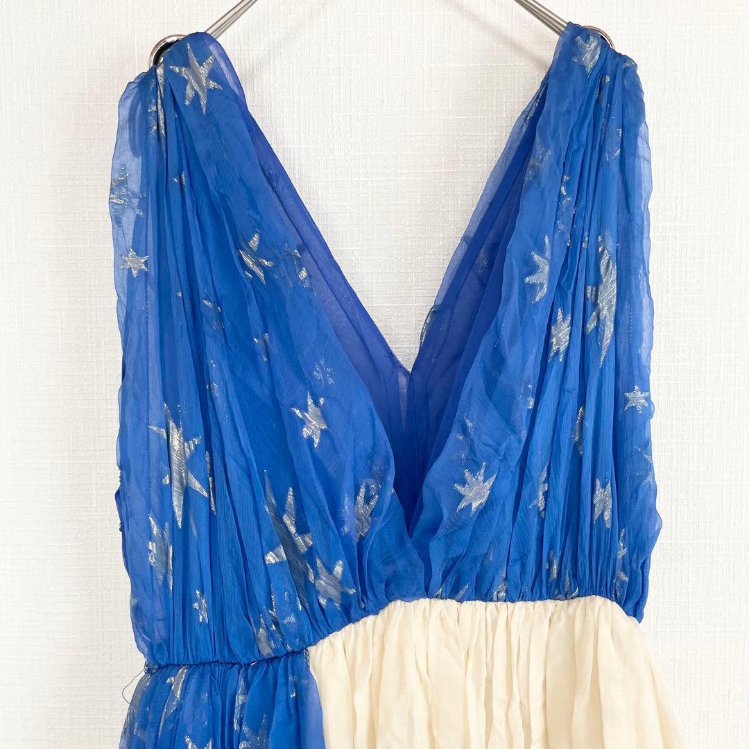 ジバンシー シフォン ロングワンピース【38】M相当 白 青 エスニック 古着