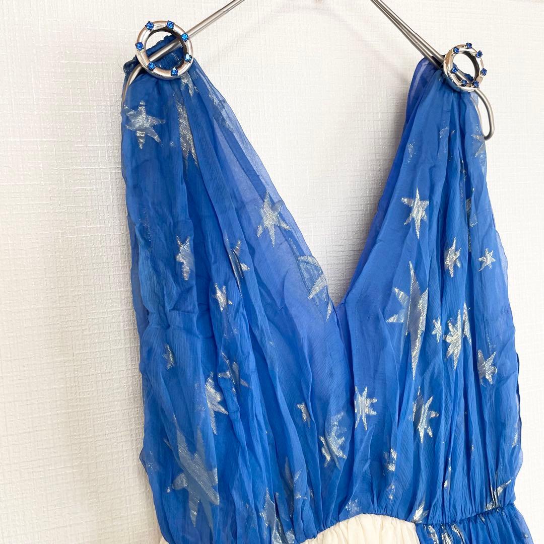 ジバンシー シフォン ロングワンピース【38】M相当 白 青 エスニック 古着