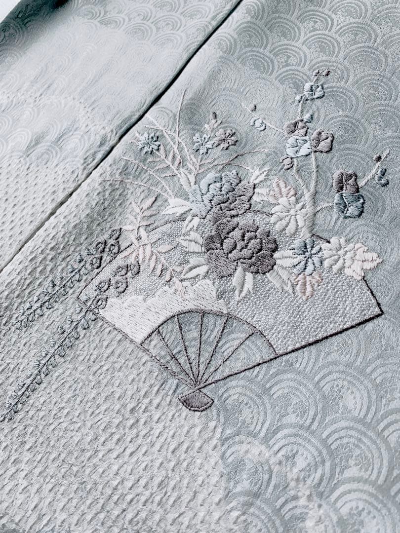 【未使用　しつけ糸なし】　正絹　訪問着　絞り　刺繍　アイスブルー