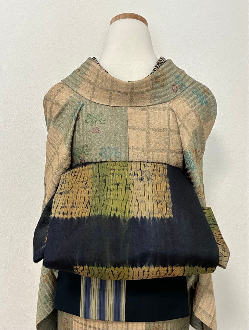 セット　小紋たんぽぽと格子の市松＋洒落袋　板締め絞り＋裄直し