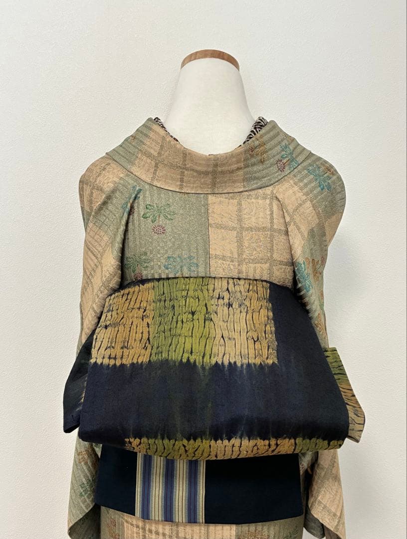 セット　小紋たんぽぽと格子の市松＋洒落袋　板締め絞り＋裄直し