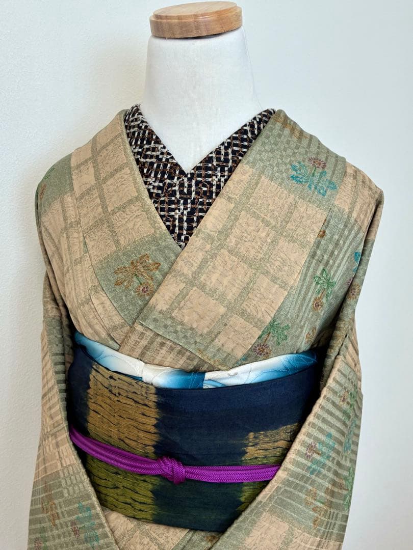 セット　小紋たんぽぽと格子の市松＋洒落袋　板締め絞り＋裄直し