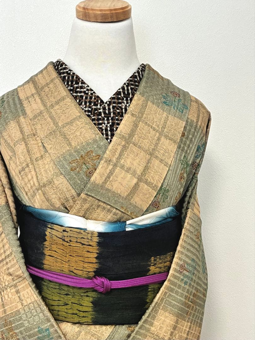 セット　小紋たんぽぽと格子の市松＋洒落袋　板締め絞り＋裄直し