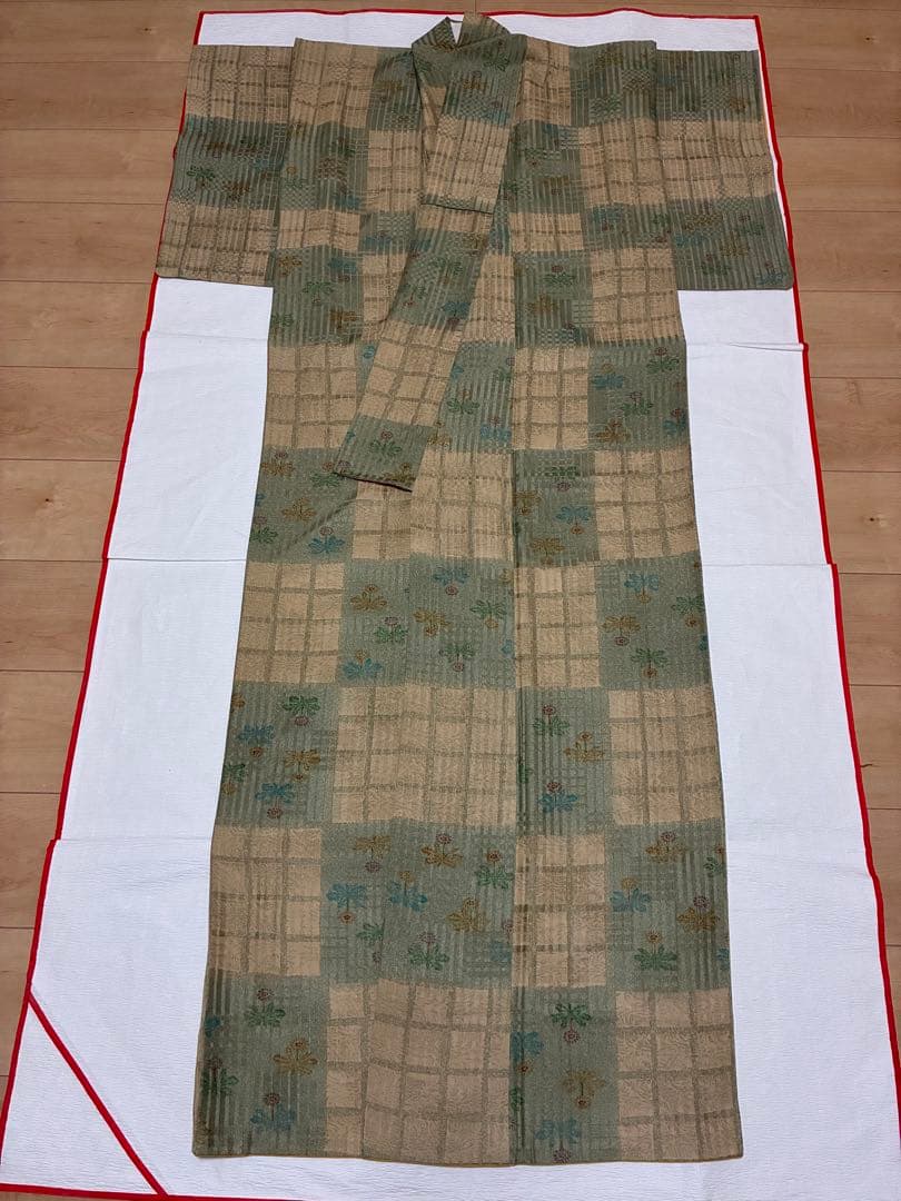 セット　小紋たんぽぽと格子の市松＋洒落袋　板締め絞り＋裄直し