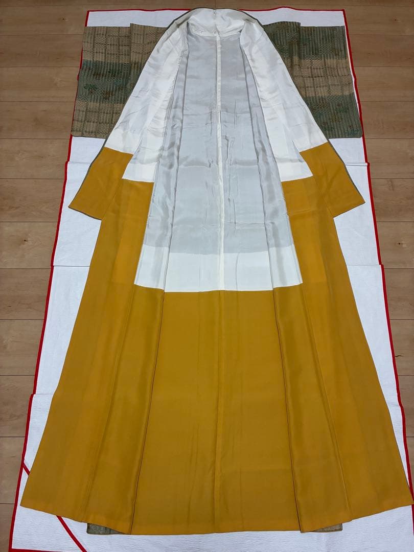 セット　小紋たんぽぽと格子の市松＋洒落袋　板締め絞り＋裄直し