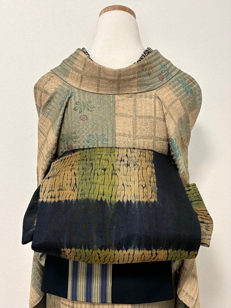 セット　小紋たんぽぽと格子の市松＋洒落袋　板締め絞り＋裄直し