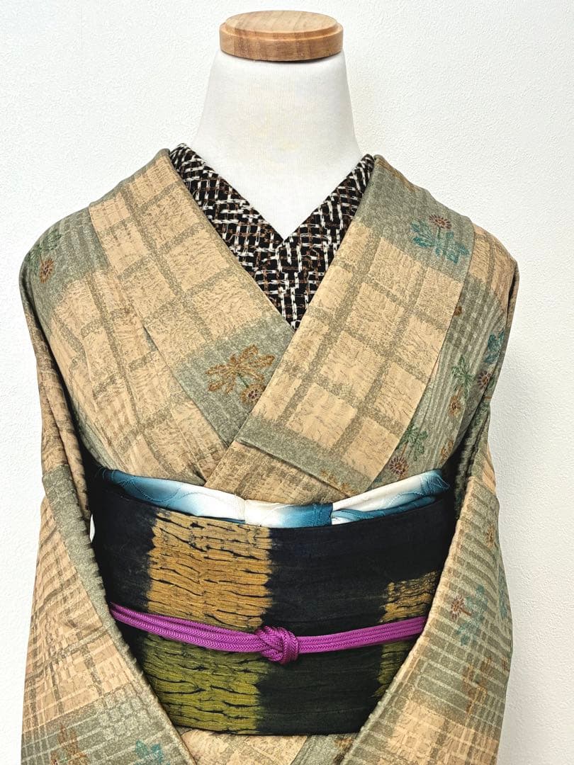 セット　小紋たんぽぽと格子の市松＋洒落袋　板締め絞り＋裄直し