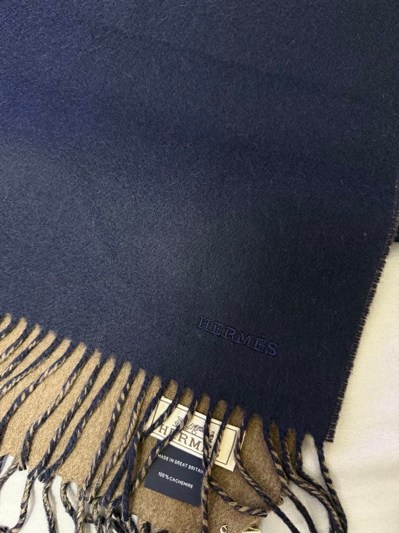 HERMES カシミヤ マフラー ブラウン ネイビー