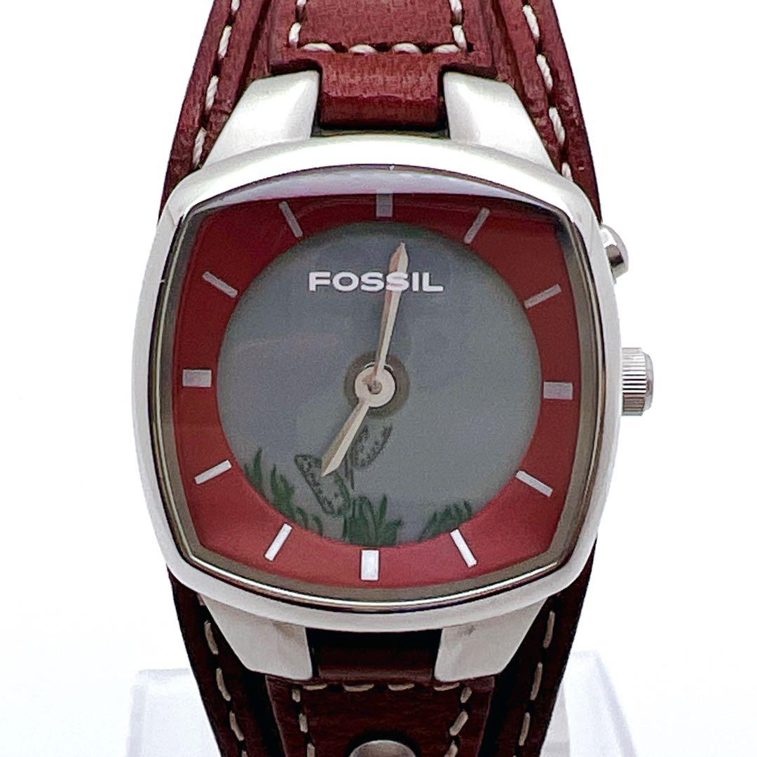 【美品】FOSSIL BIG TIC フラワー 花 腕時計 レザー 稼働品 廃盤