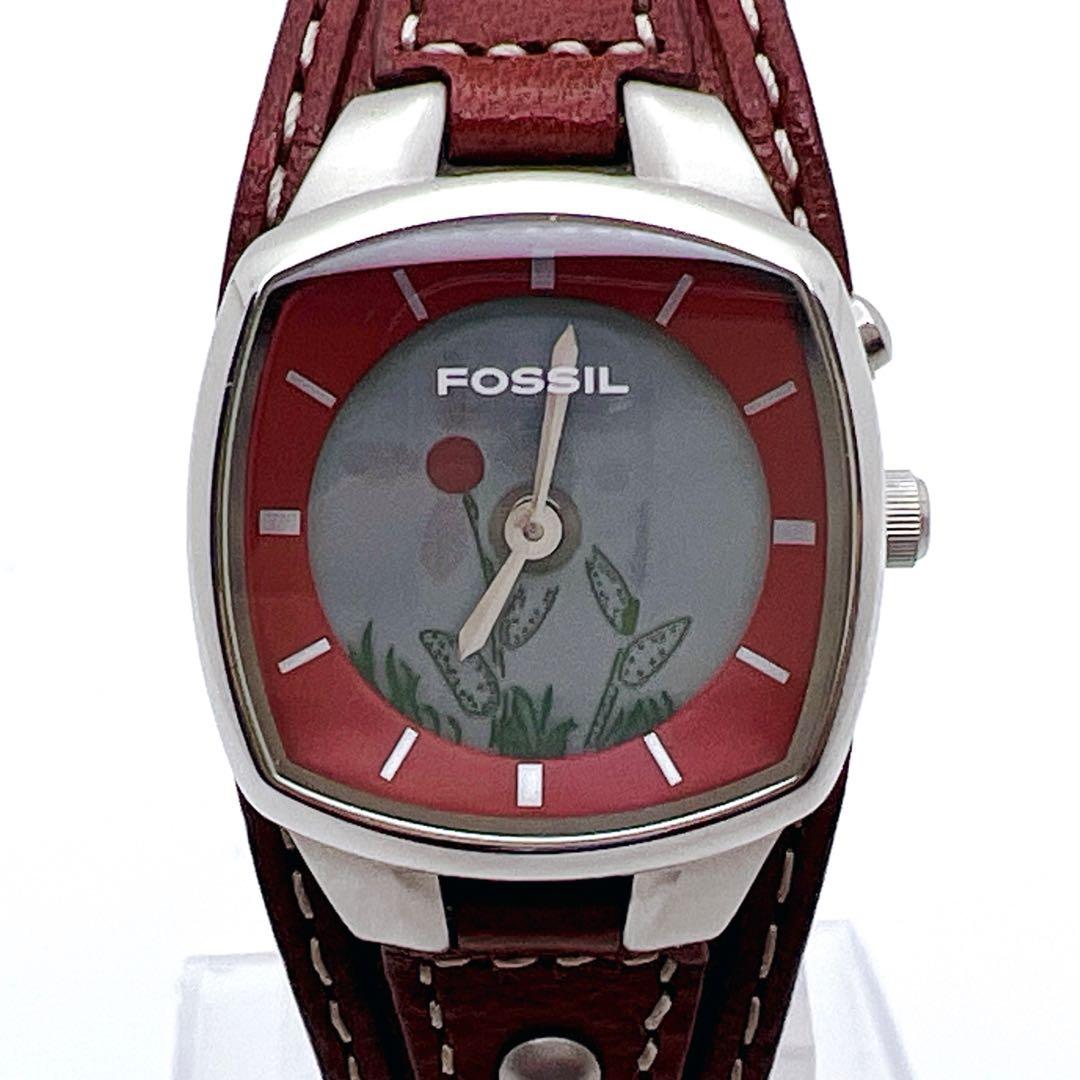 【美品】FOSSIL BIG TIC フラワー 花 腕時計 レザー 稼働品 廃盤