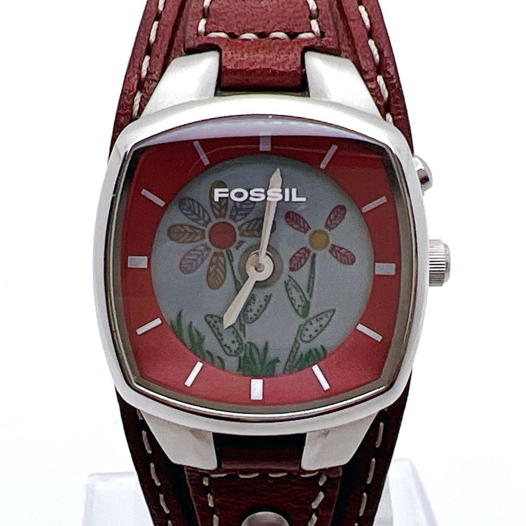 【美品】FOSSIL BIG TIC フラワー 花 腕時計 レザー 稼働品 廃盤