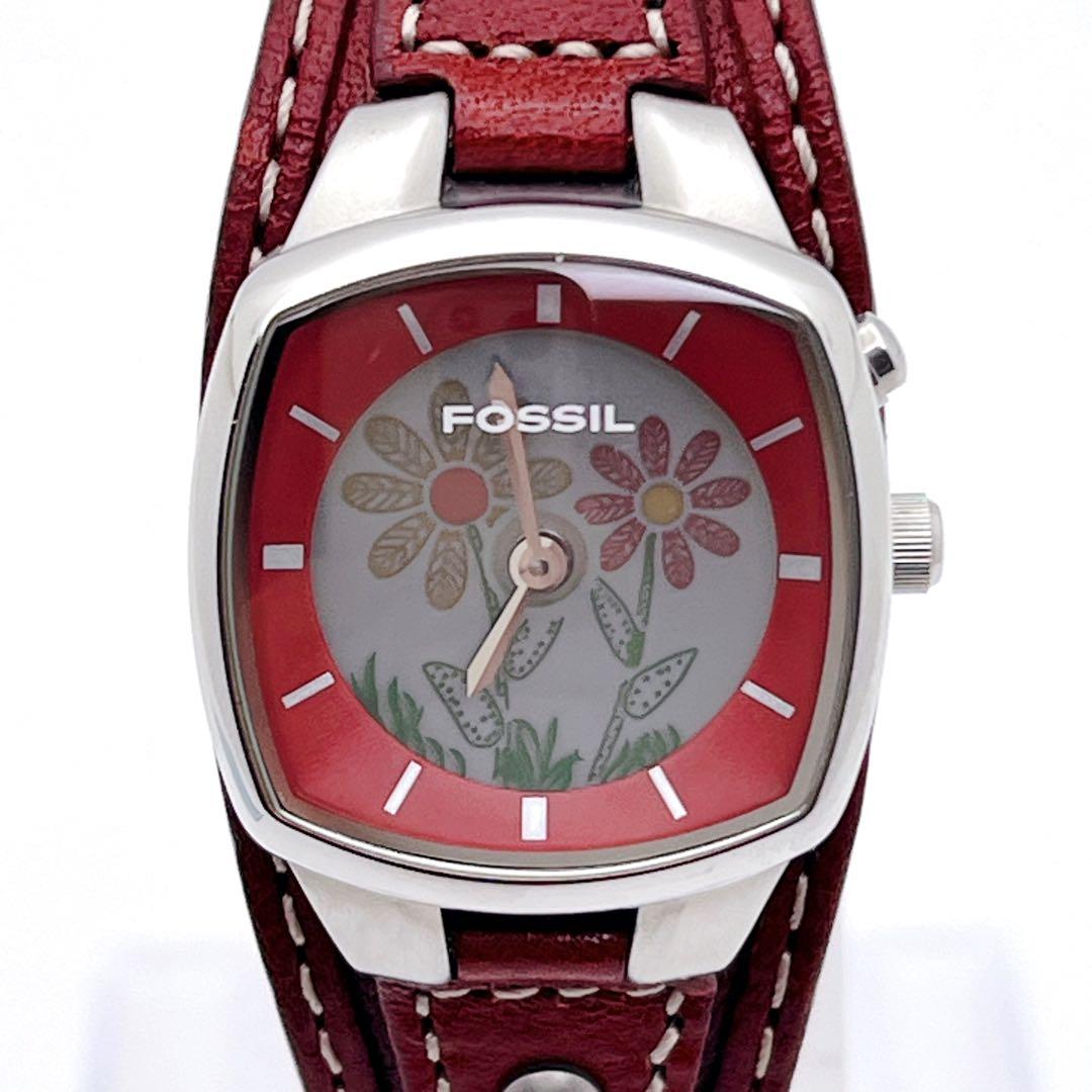 【美品】FOSSIL BIG TIC フラワー 花 腕時計 レザー 稼働品 廃盤