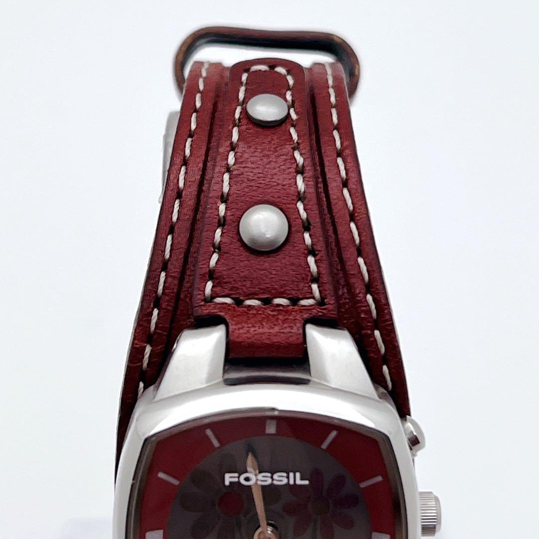 【美品】FOSSIL BIG TIC フラワー 花 腕時計 レザー 稼働品 廃盤