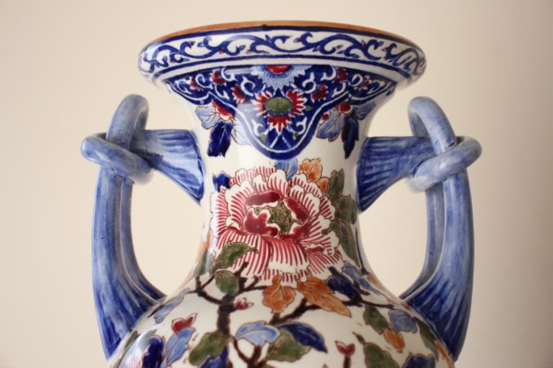 フランス　GIEN　ジアン　ハンドペイント　ファイアンス焼　花瓶　牡丹