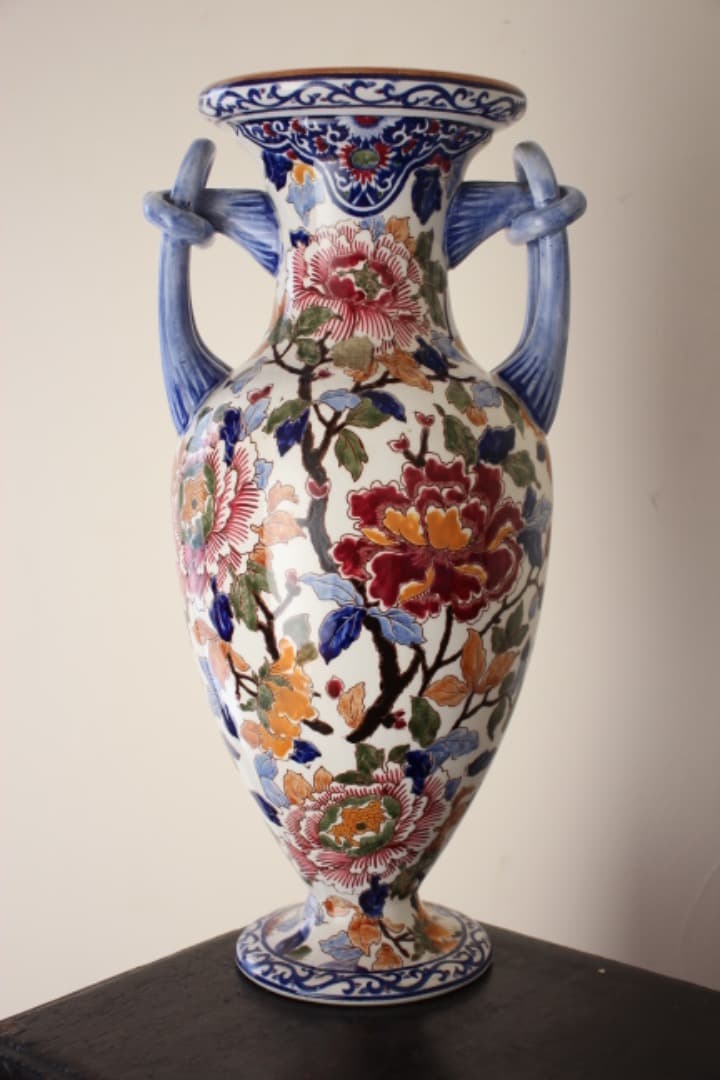 フランス　GIEN　ジアン　ハンドペイント　ファイアンス焼　花瓶　牡丹