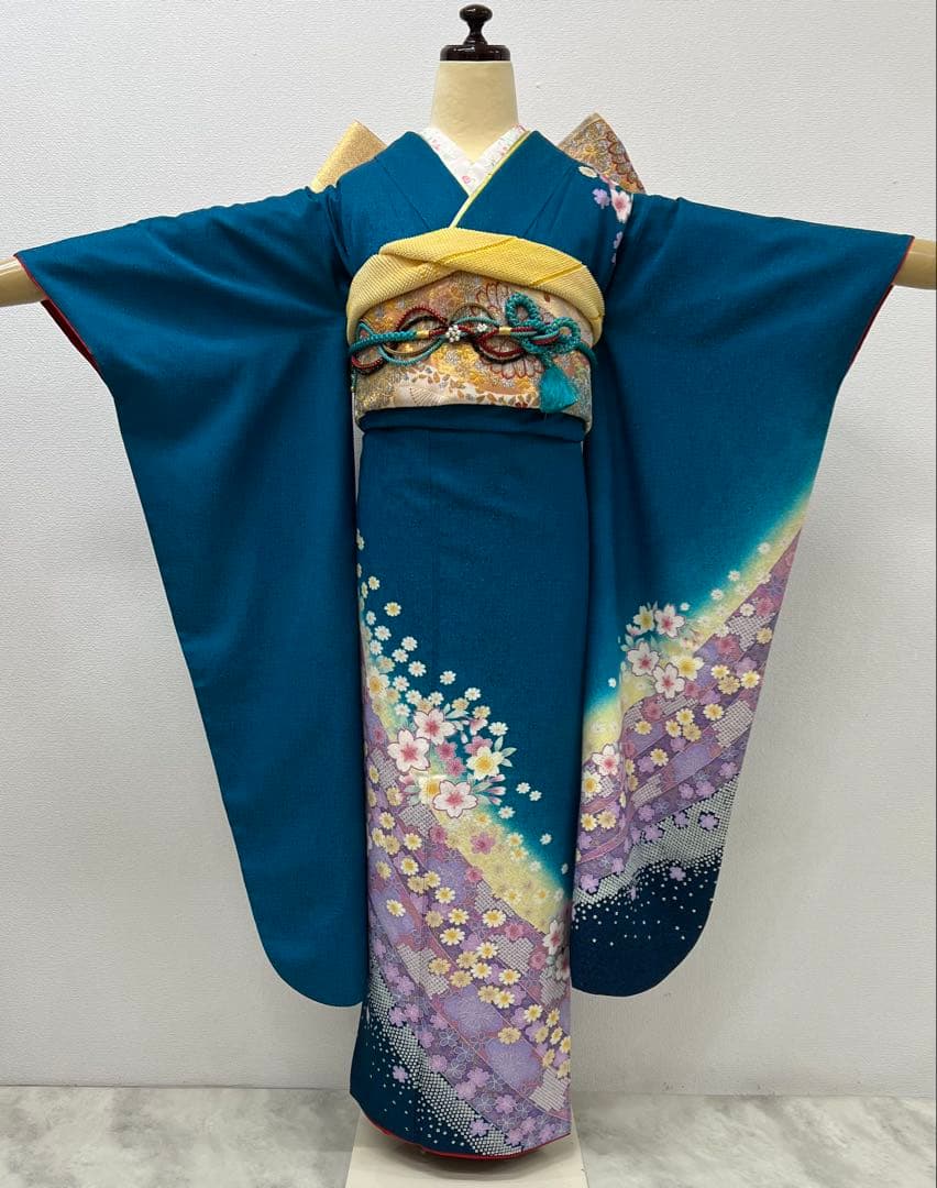 振り袖　フルセット　別誂長襦袢付　ブルー　成人式　金彩加工　金通し　714