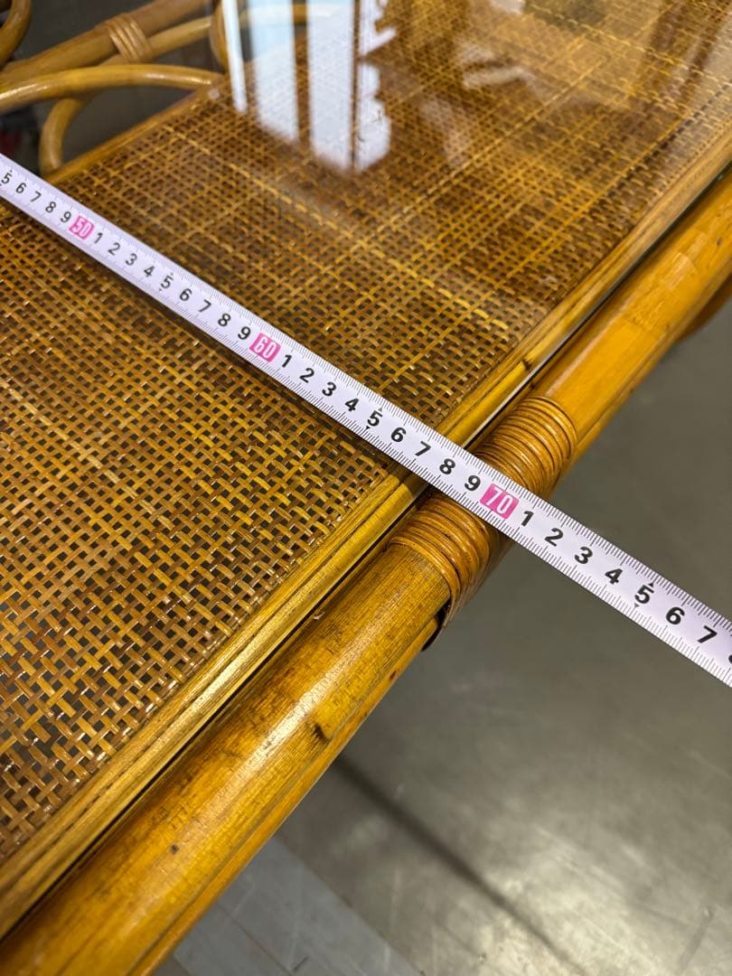 ラタン　ローテーブル　センターテーブル　座卓　ガラス天板　籐　昭和レトロ