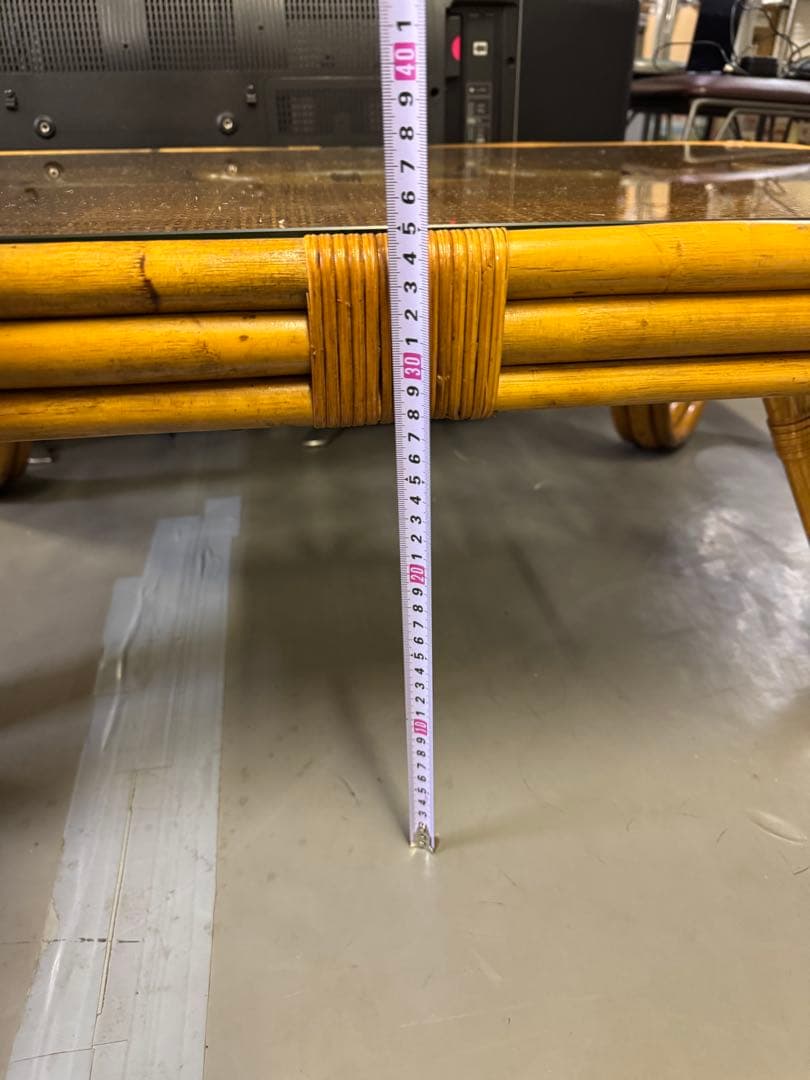 ラタン　ローテーブル　センターテーブル　座卓　ガラス天板　籐　昭和レトロ