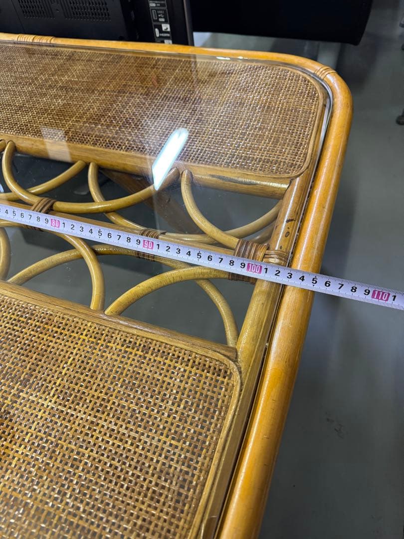 ラタン　ローテーブル　センターテーブル　座卓　ガラス天板　籐　昭和レトロ