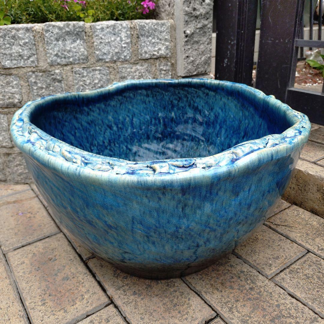 信楽焼　ブルー手作りめだか鉢　水連鉢　ビオトープ　直径49㌢