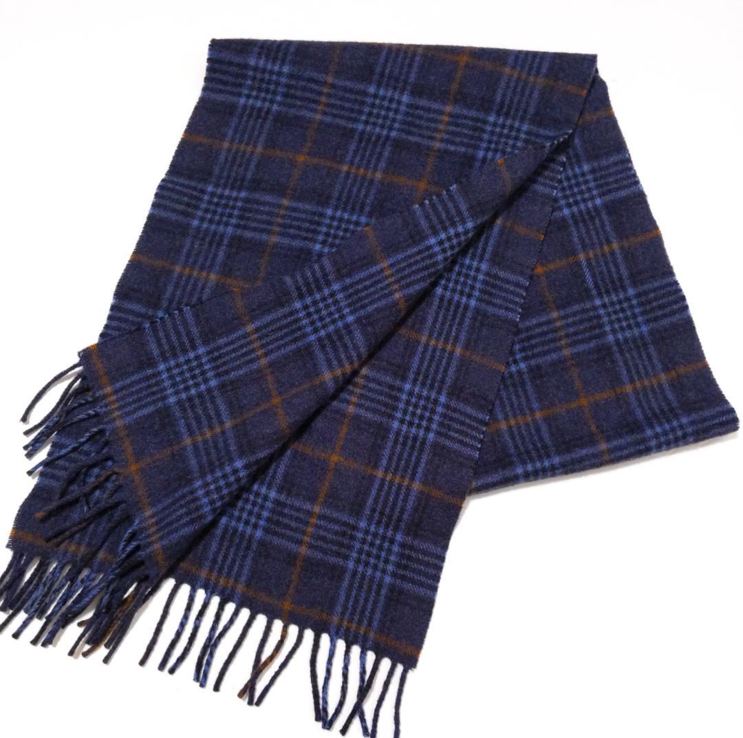 美品★ジョシュアエリス★マフラー カシミヤ100 チェック ネイビー系